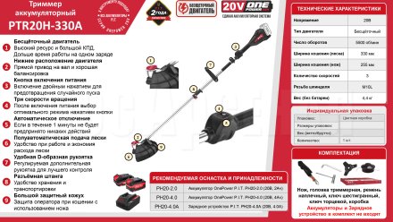 Триммер аккумуляторный бесщёточный P.I.T. PTR20H-330A СОЛО